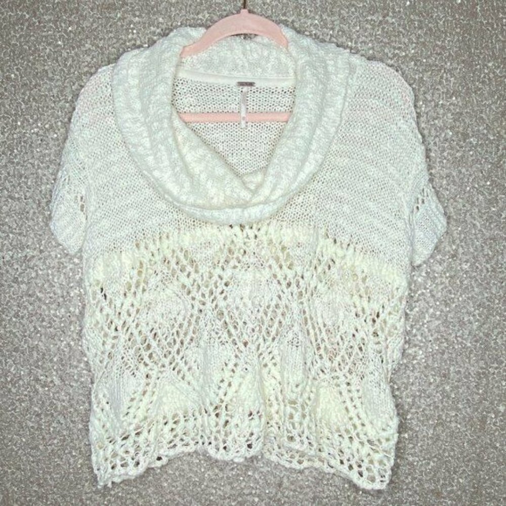 Free People Sz XS Cream Cowl Neck Crochet Sweater